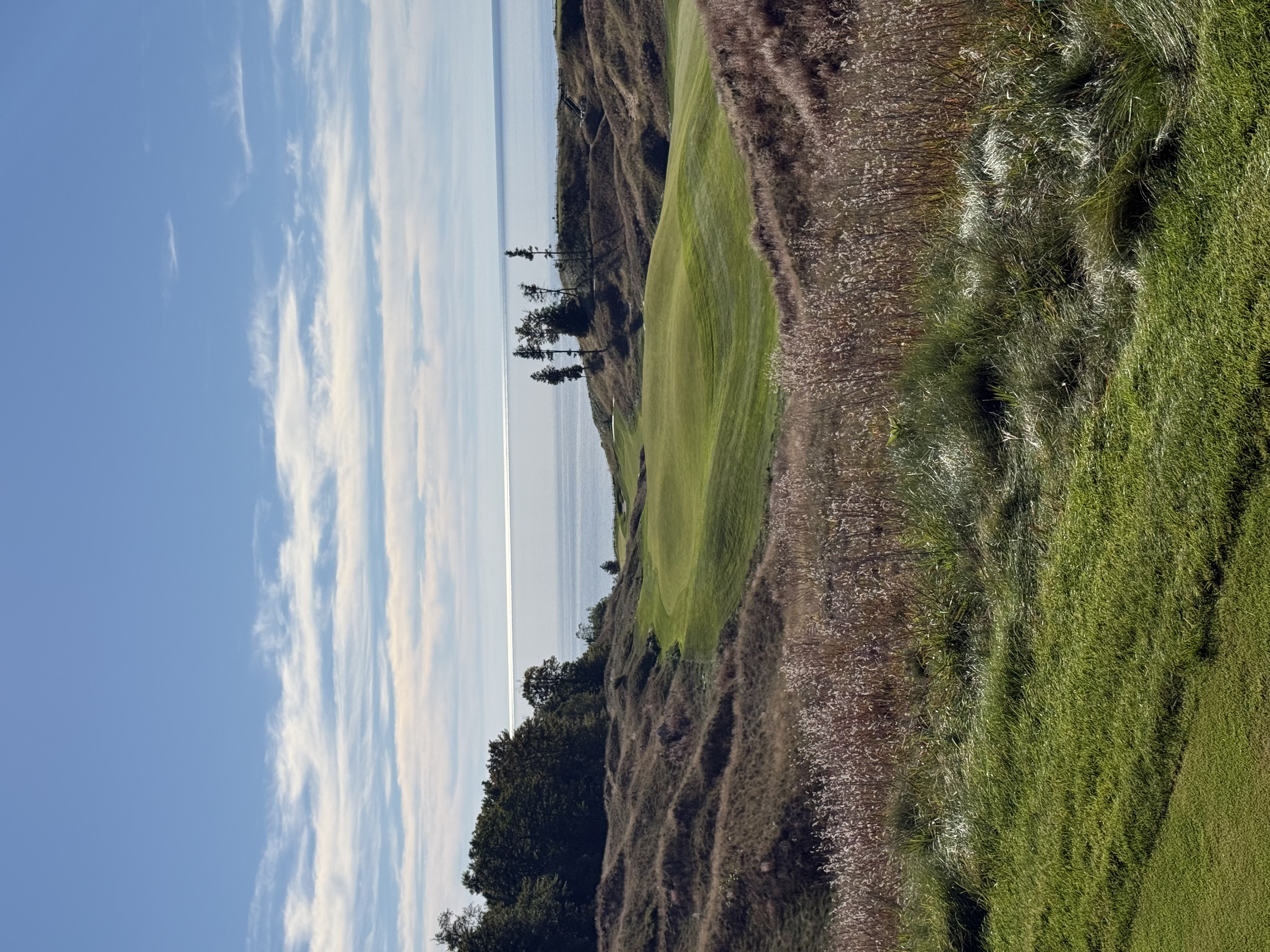 Fairway winding through grassy dunes toward a lake horizon